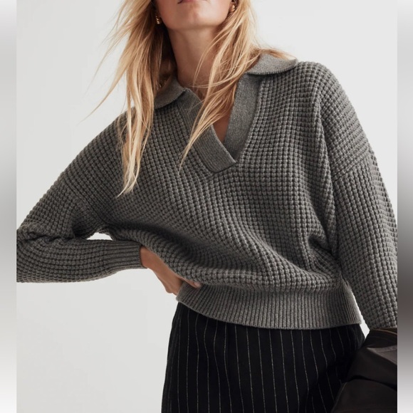 MADEWELL WAFFLE KNIT HENLEY GRAY SWEATER SZ M MERINO SOFT WOOL BLEND - Picture 1 of 7